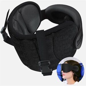 Travel Neck Pillow with Head Strap Eye Mask Support for Airplane Car Black